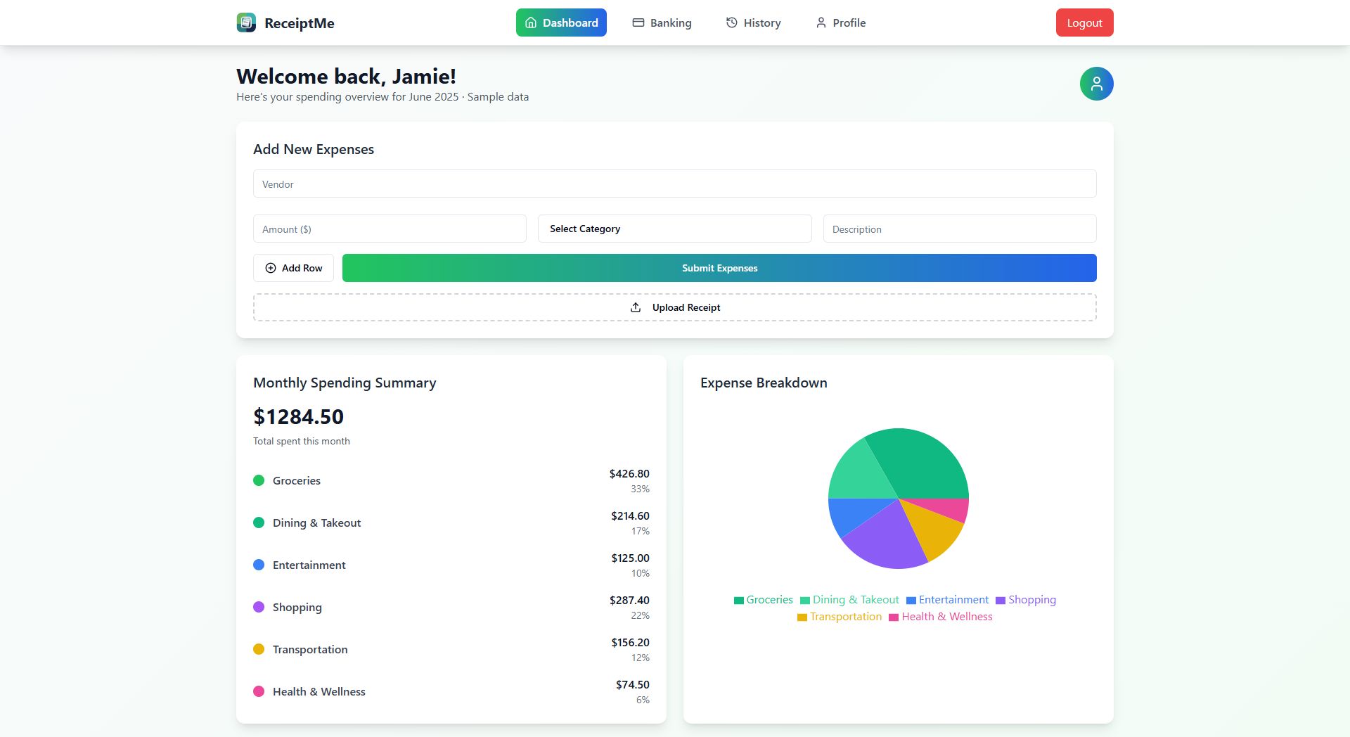 ReceiptMe dashboard showing sample expenses and a spending chart